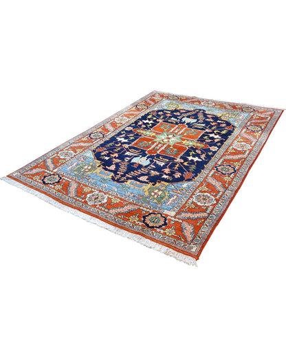 "Tappeto Heriz persiano blu e terracotta con medaglione geometrico, 290x205 cm."