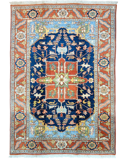 "Tappeto Heriz persiano blu e terracotta con medaglione geometrico, 290x205 cm."