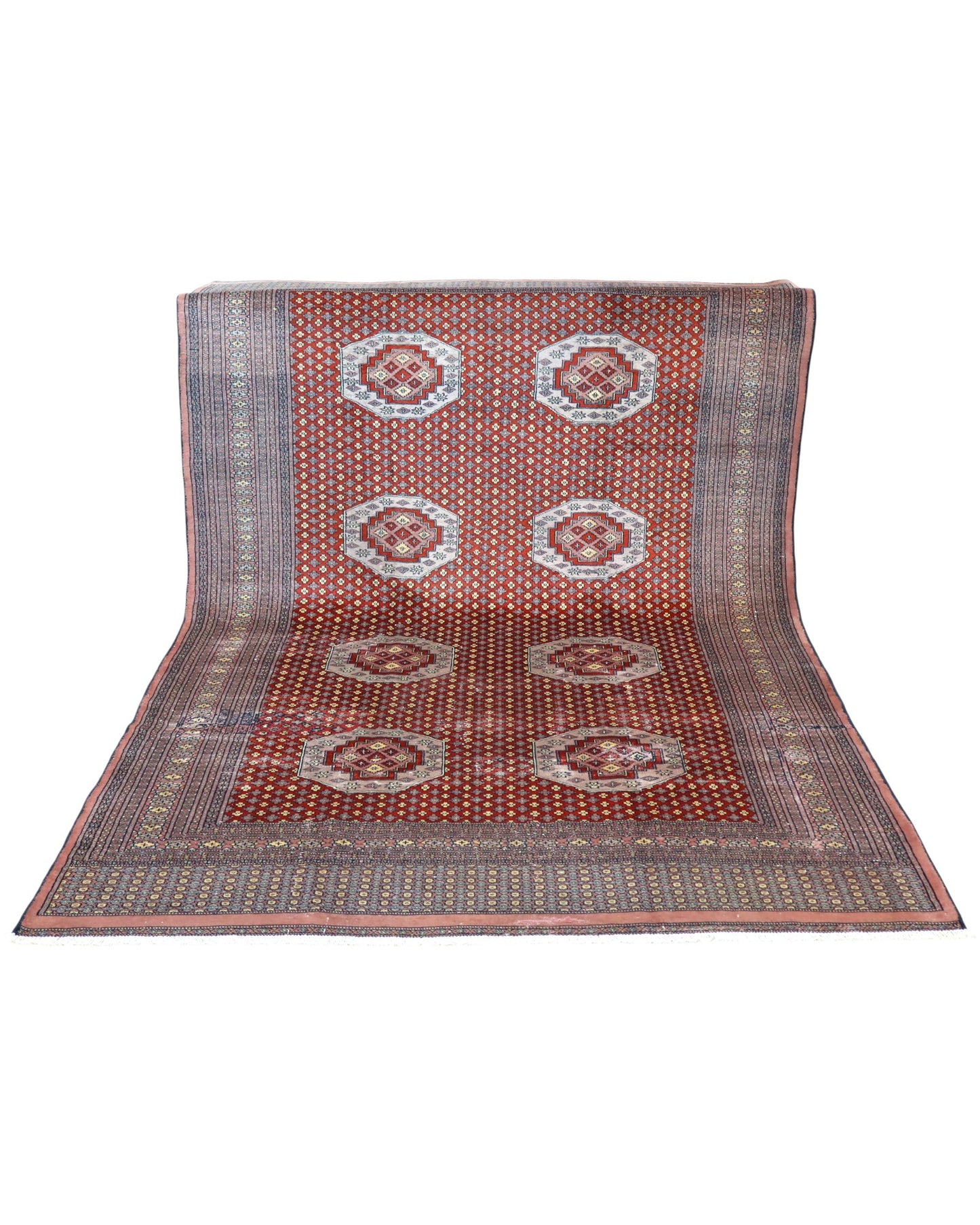 "Tappeto Bukhara pakistano rosso con motivo gul geometrico, 276x188 cm."