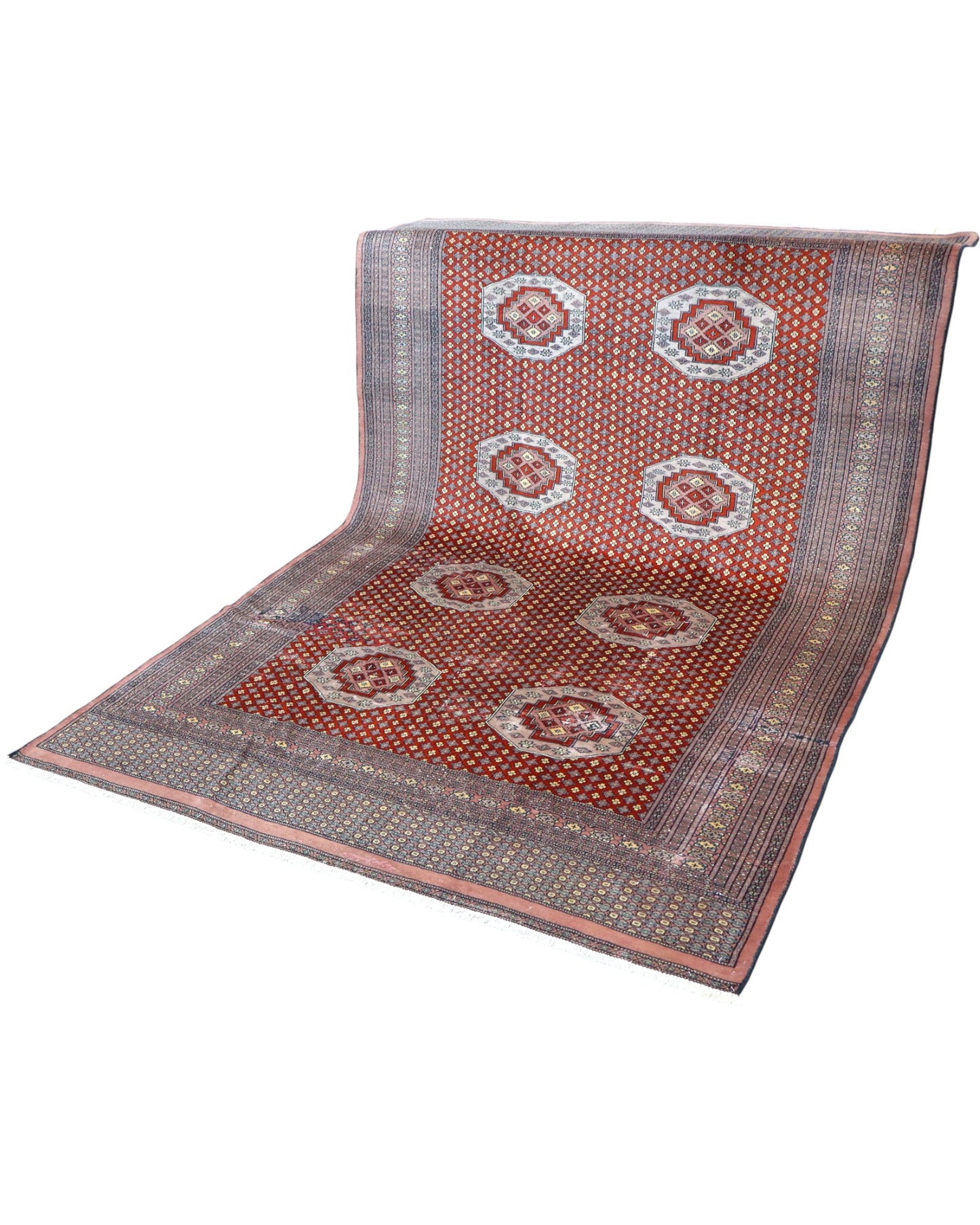 "Tappeto Bukhara pakistano rosso con motivo gul geometrico, 276x188 cm."