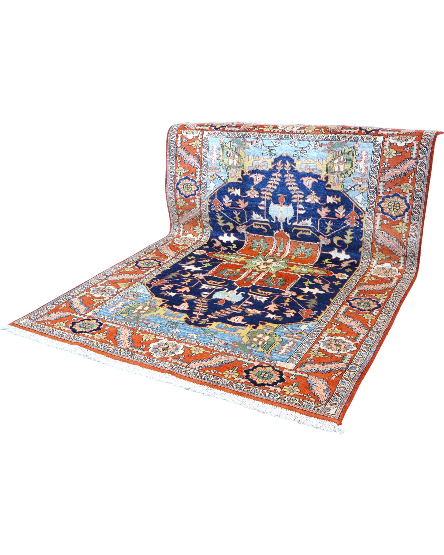 "Tappeto Heriz persiano blu e terracotta con medaglione geometrico, 290x205 cm."