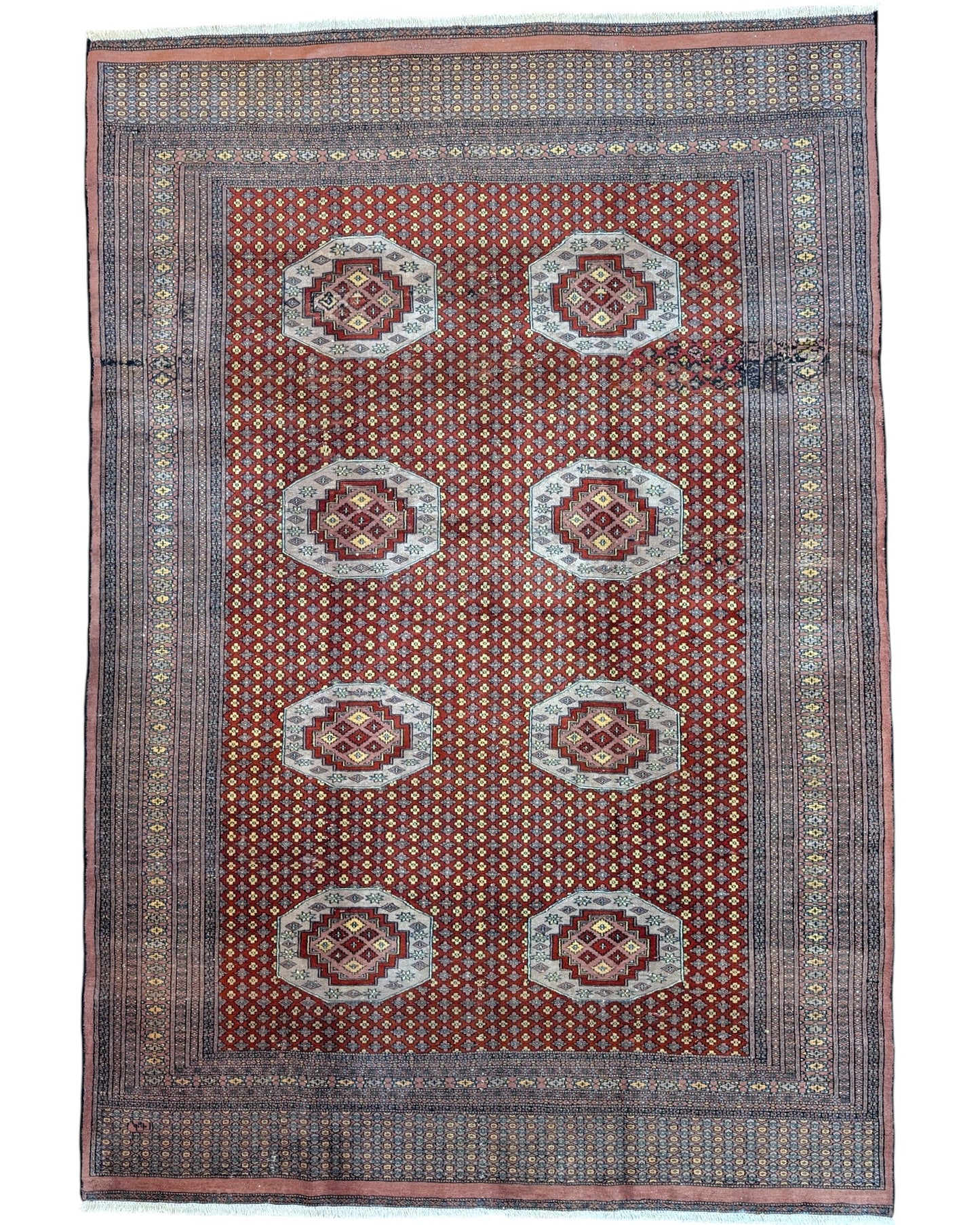 "Tappeto Bukhara pakistano rosso con motivo gul geometrico, 276x188 cm."