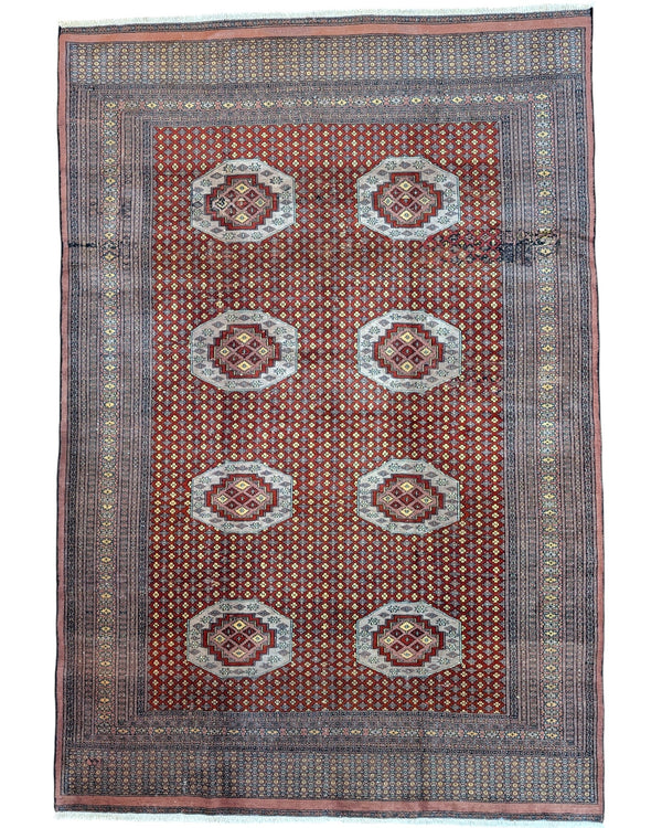 "Tappeto Bukhara pakistano rosso con motivo gul geometrico, 276x188 cm."