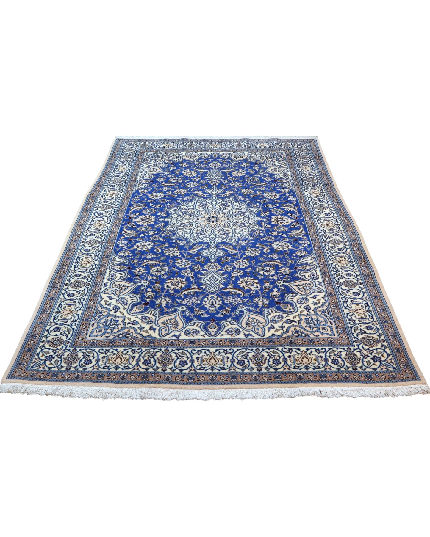 "Tappeto Nain persiano blu e avorio con medaglione centrale, 217x176 cm."