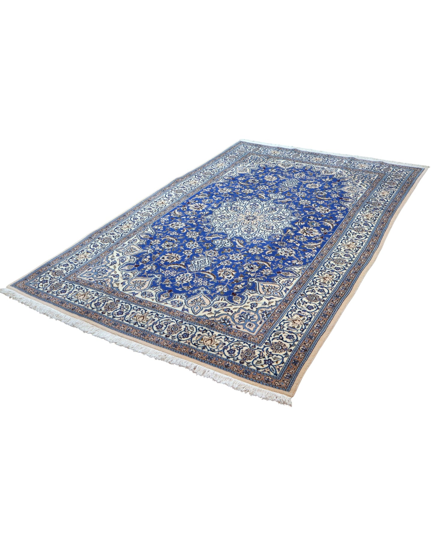 "Tappeto Nain persiano blu e avorio con medaglione centrale, 217x176 cm."