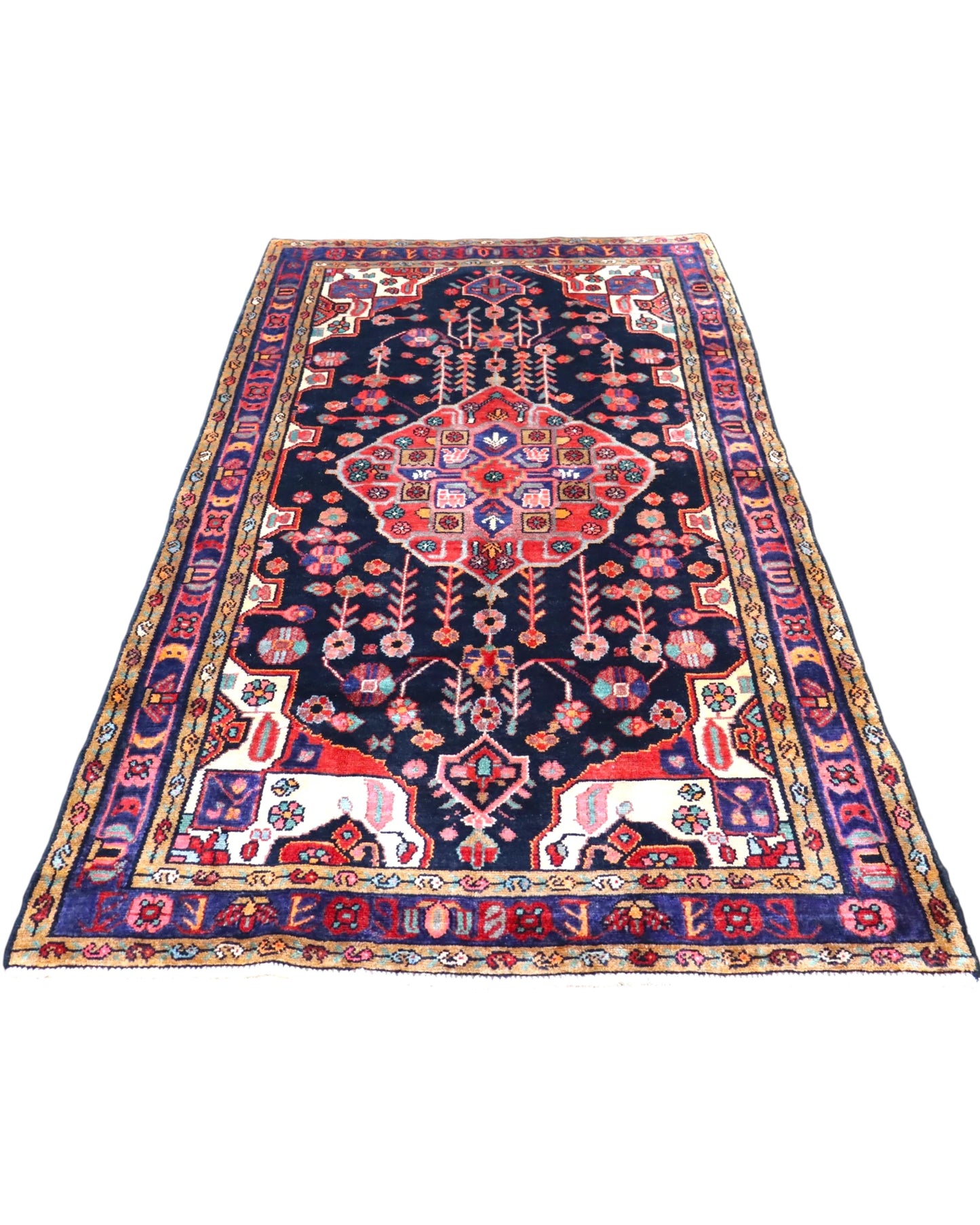 Tappeto 250x152 cm blu scuro e beige per ingresso raffinato in stile orientale.