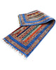 Tappeto Shirvan caucasico 155x95 cm annodato a mano, fondo blu con righe verticali multicolore e motivi geometrici tradizionali