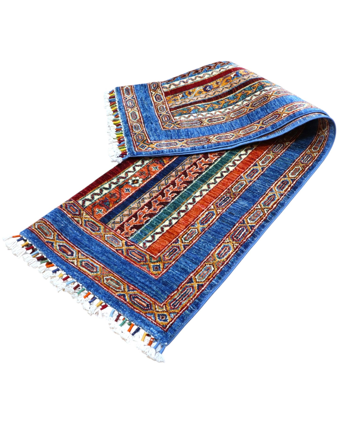 Tappeto Shirvan caucasico 155x95 cm annodato a mano, fondo blu con righe verticali multicolore e motivi geometrici tradizionali