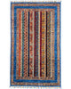 Tappeto Shirvan caucasico 155x95 cm annodato a mano, fondo blu con righe verticali multicolore e motivi geometrici tradizionali