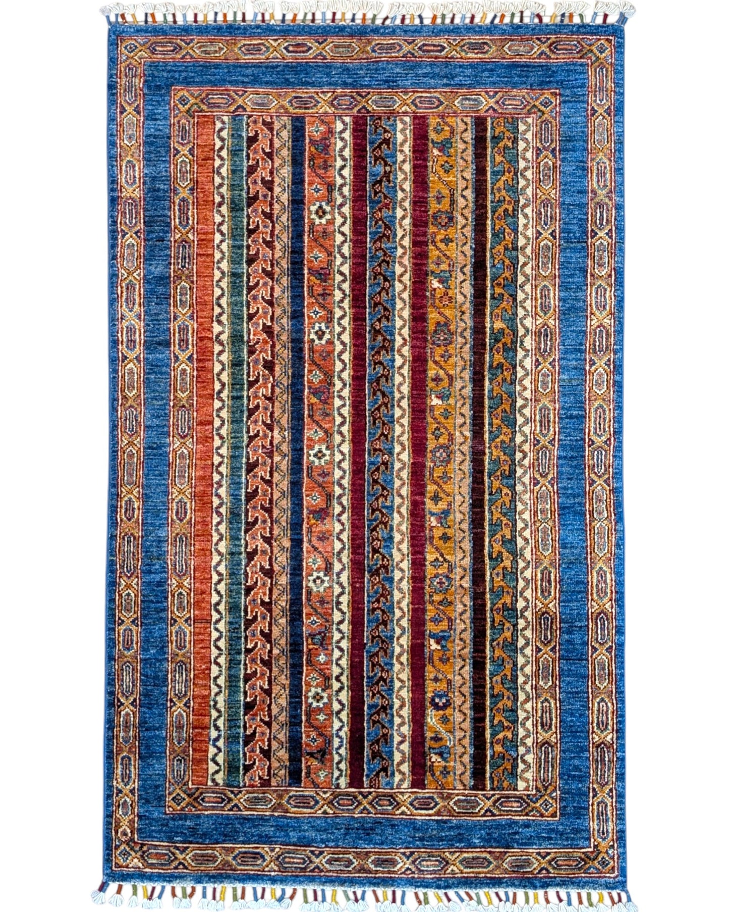 Tappeto Shirvan caucasico 155x95 cm annodato a mano, fondo blu con righe verticali multicolore e motivi geometrici tradizionali
