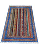 Tappeto Shirvan caucasico 155x95 cm annodato a mano, fondo blu con righe verticali multicolore e motivi geometrici tradizionali