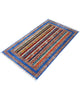 Tappeto Shirvan caucasico 155x95 cm annodato a mano, fondo blu con righe verticali multicolore e motivi geometrici tradizionali