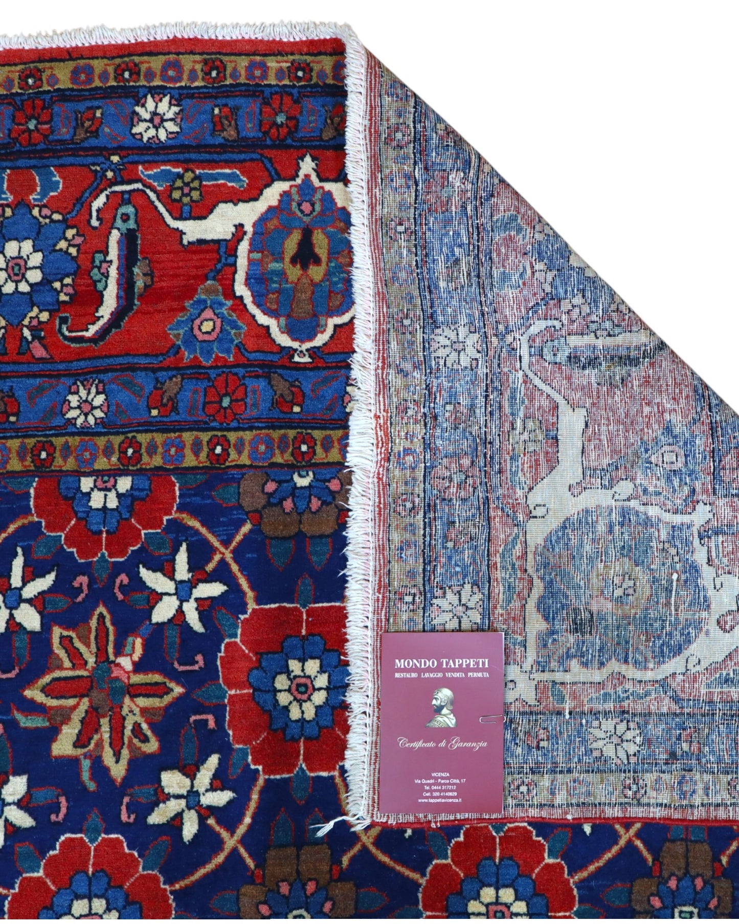 "Tappeto Varamin persiano blu con motivo mina-khani e cornice rossa, 325x215 cm."