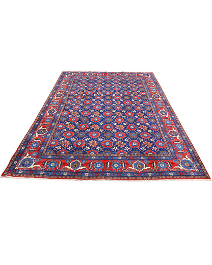 "Tappeto Varamin persiano blu con motivo mina-khani e cornice rossa, 325x215 cm."