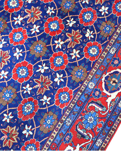 "Tappeto Varamin persiano blu con motivo mina-khani e cornice rossa, 325x215 cm."