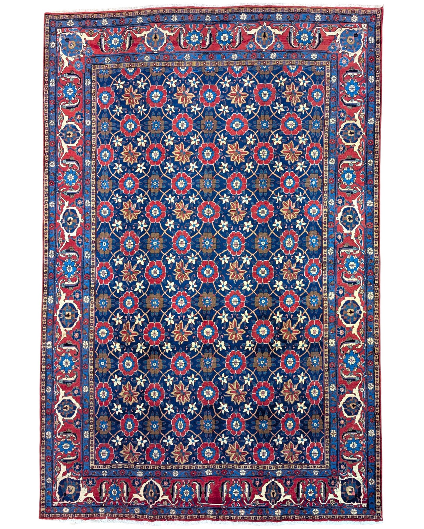 "Tappeto Varamin persiano blu con motivo mina-khani e cornice rossa, 325x215 cm."