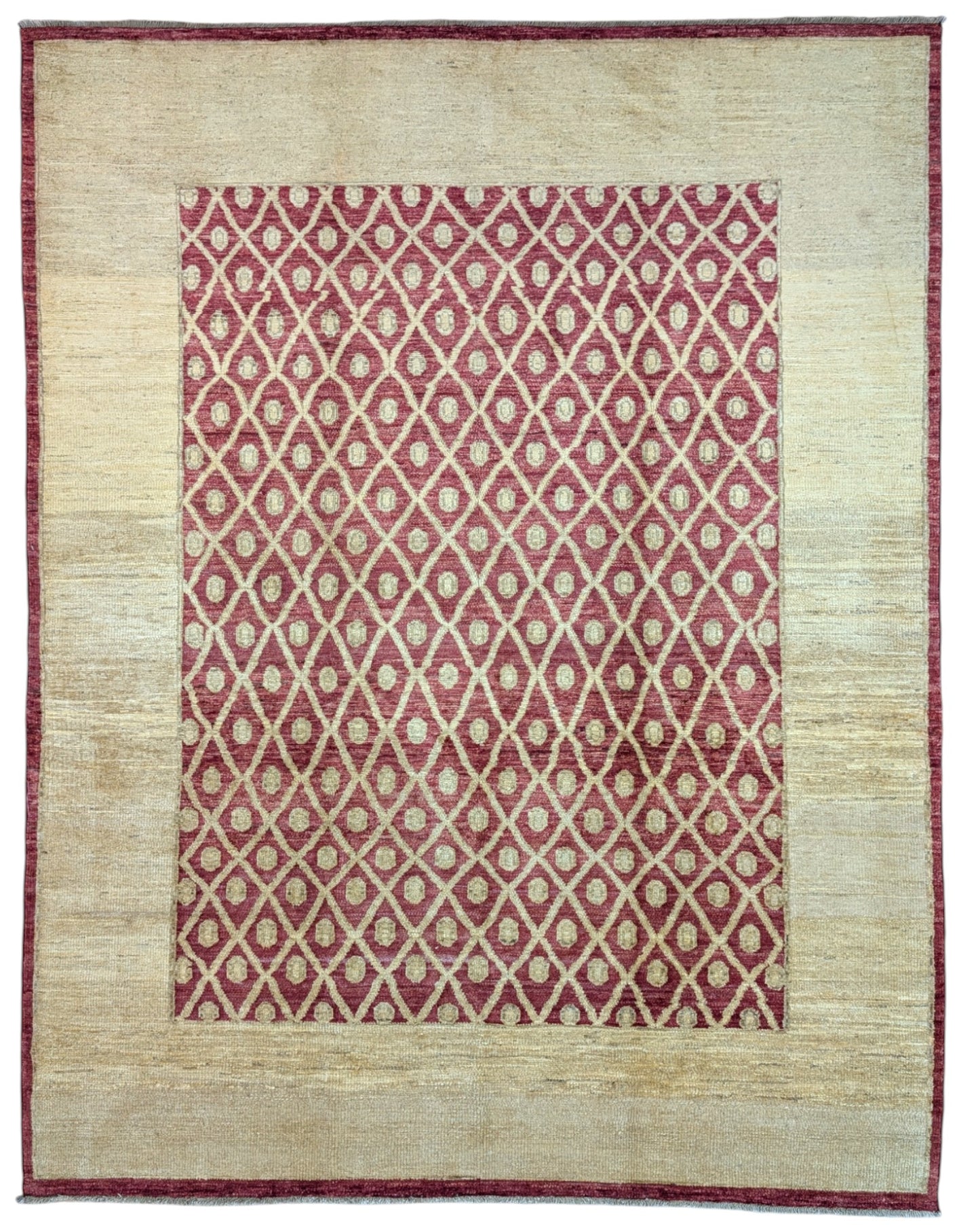 
Tappeto moderno afgano, annodato a mano, 240x190 cm, fondo rosso melograno con disegno decorativo.