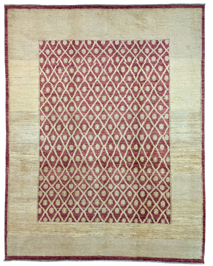 
Tappeto moderno afgano, annodato a mano, 240x190 cm, fondo rosso melograno con disegno decorativo.