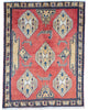 Tappeto Afshar annodato a mano, 225 x 142 cm, fondo arancione vibrante, motivi geometrici, artigianato tradizionale persiano.