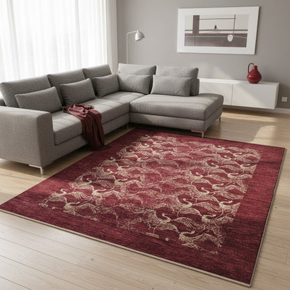 Tappeto moderno 290x206 cm Persia, fondo bordeaux con motivi di cavalli stilizzati in avorio, annodato a mano.