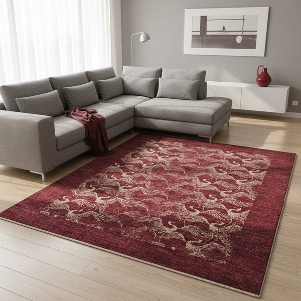 Tappeto moderno 290x206 cm Persia, fondo bordeaux con motivi di cavalli stilizzati in avorio, annodato a mano.