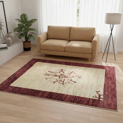 Tappeto moderno "Graffiti Antichi" 201x151 cm, design di graffiti primordiali, campo beige con motivi rosso mattone, certificato di autenticità incluso.