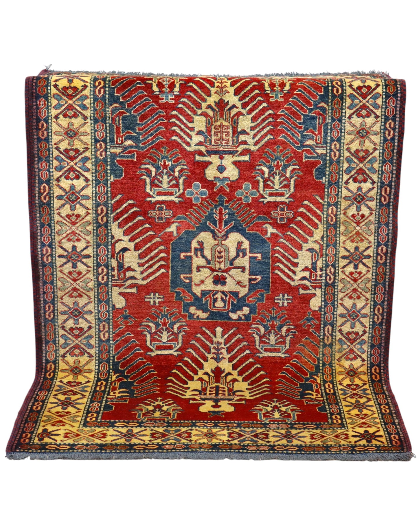 Tappeto Kazak rosso con cornice beige e motivi geometrici, annodato a mano in Afghanistan in lana e cotone con colori vegetali.