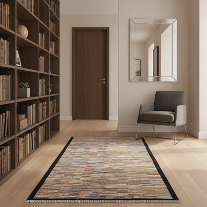 Tappeto Gabbeh moderno 193x101 cm, design astratto a righe beige con cornice blu notte, annodato a mano, certificato di autenticità incluso.