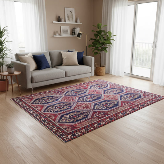 Tappeto Afshar persiano 185x153 cm annodato a mano, fondo blu notte con motivo geometrico tradizionale, lana con colori vegetali e ordito in cotone resistente.