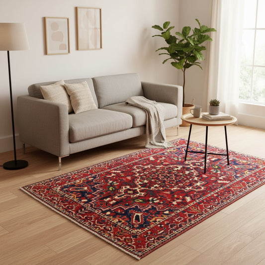 Tappeto Bakhtiyari persiano 217x155 cm annodato a mano, fondo rosso mattone con motivi geometrici tradizionali, lana con colori vegetali e ordito in cotone, certificato di autenticità incluso.