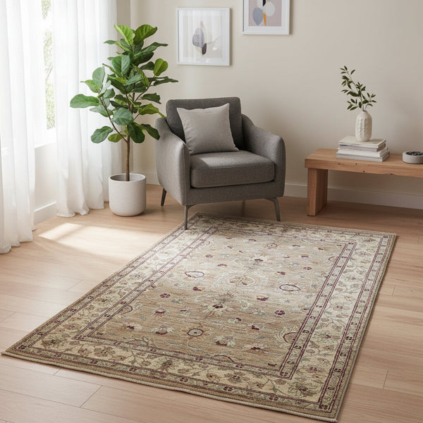 Tappeto Farahan beige con motivi floreali in mattone e grigio chiaro, annodato a mano in Afghanistan con lana e cotone tinti con colori vegetali naturali.