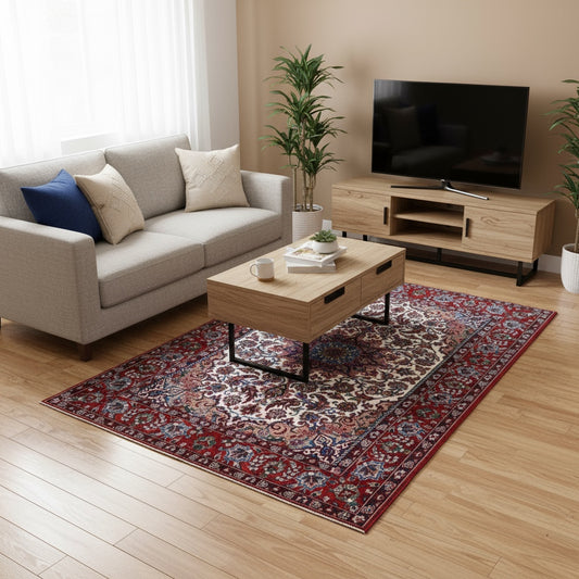 Tappeto Najafabad, annodato a mano, 219 x 152 cm, con motivi floreali decorativi in vari colori.