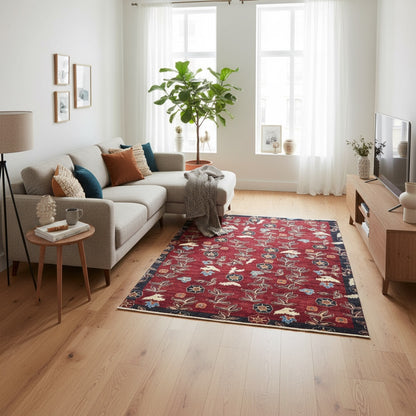 Tappeto moderno 247x180 cm con fondo bordeaux e motivi floreali stilizzati, annodato a mano in lana e cotone, provenienza Afghanistan.