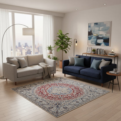 Tappeto Nain, annodato a mano, medaglione centrale con motivi floreali rossi, blu e beige. Provenienza Persia, certificato di autenticità incluso.