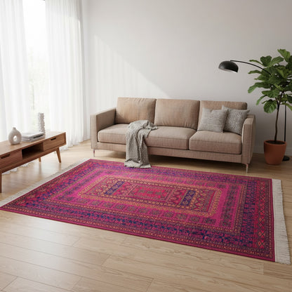 Tappeto Turkemen 278x185 cm con motivo geometrico ricco di rosa, blu e giallo, annodato a mano con lana di alta qualità e ordito in cotone resistente.