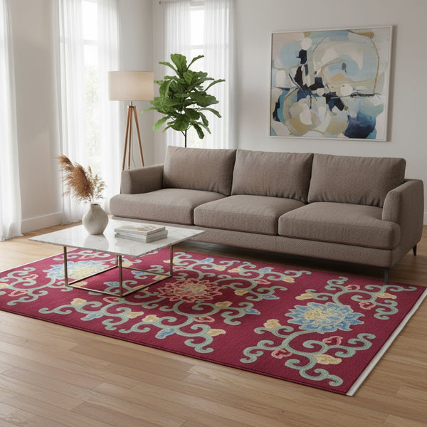 Tappeto tibetano annodato a mano 232x153cm con motivi floreali stilizzati multicolore su fondo bordeaux