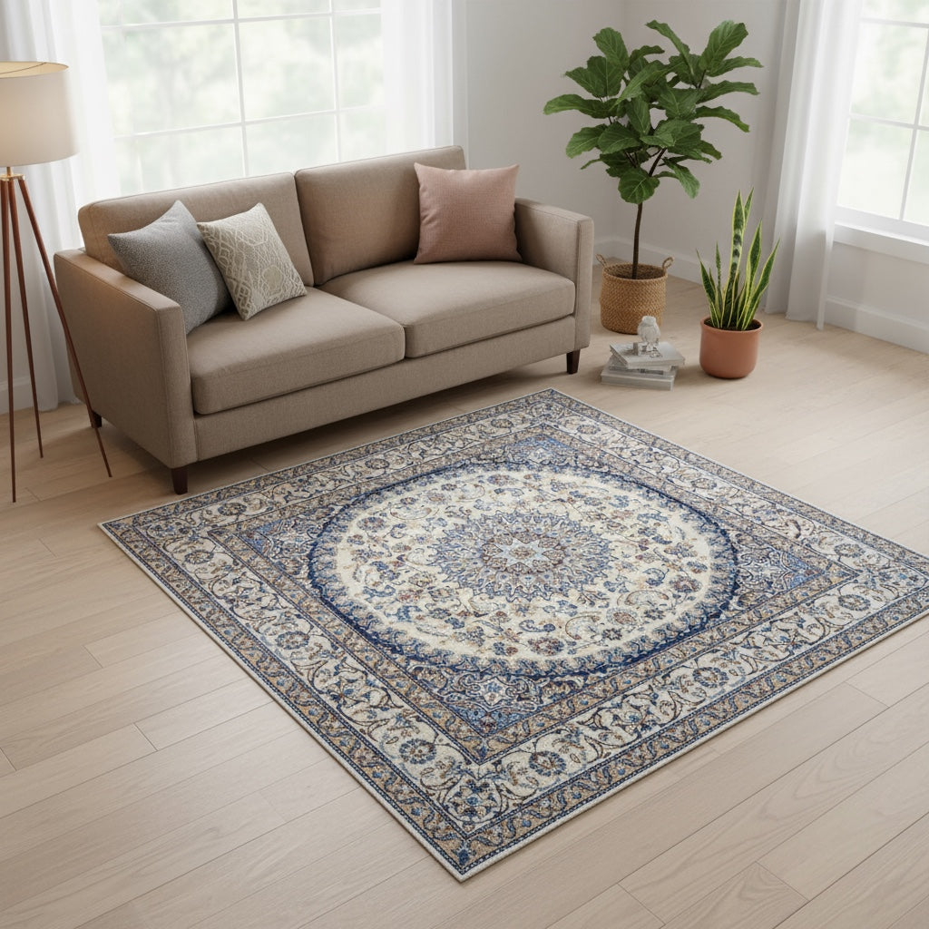 Tappeto Nain con medaglione floreale stilizzato su fondo beige e dettagli celesti, annodato a mano in Persia con lana mista seta e cotone.