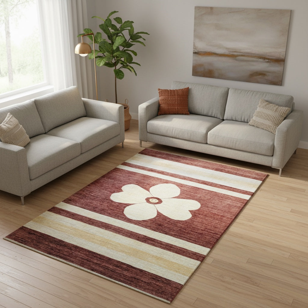 Tappeto Moderno persiano 300x200 cm con fondo bordeaux, fasce beige e fiore centrale avorio, tramato ed annodato a mano.