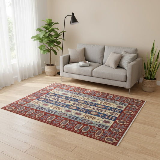 Tappeto Kazak afgano, campo beige con alberi stilizzati e cornice rossa, annodato a mano, 214x156 cm.
