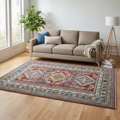 Tappeto Kazak afgano, fondo rosso con disegno geometrico, annodato a mano, 259x196 cm.