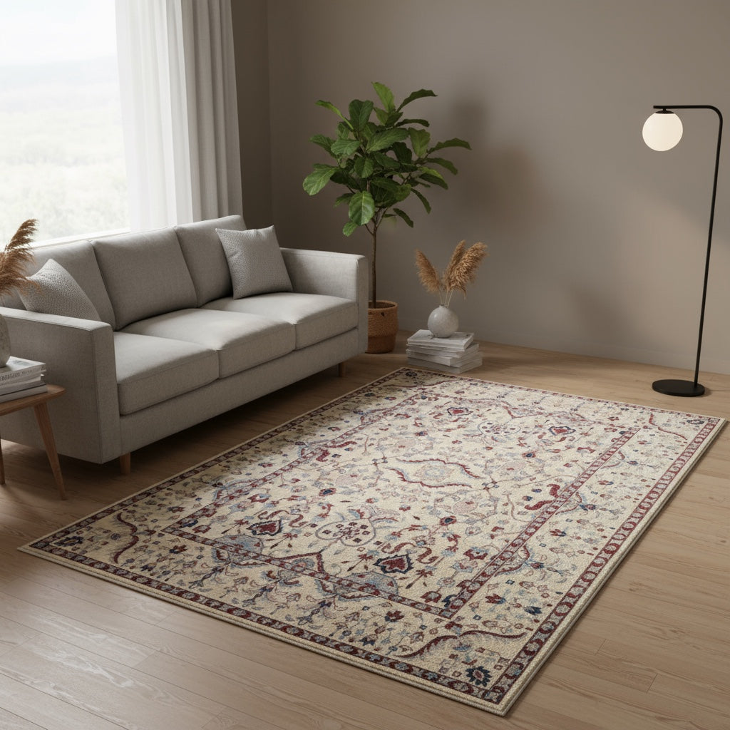 Tappeto Ziegler afgano 254x160 cm con fondo beige e motivi floreali decorativi, annodato a mano in lana e cotone.