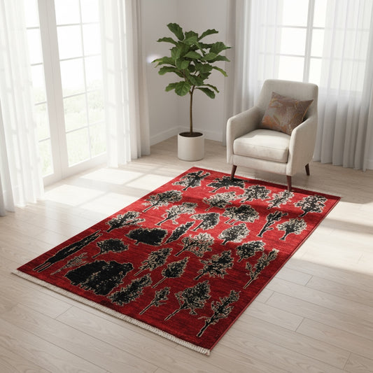 Tappeto moderno “Foresta di Rubini” 146x100 cm di Dario, annodato a mano, con alberi stilizzati su fondo rosso rubino, lana e cotone, pezzo unico certificato.