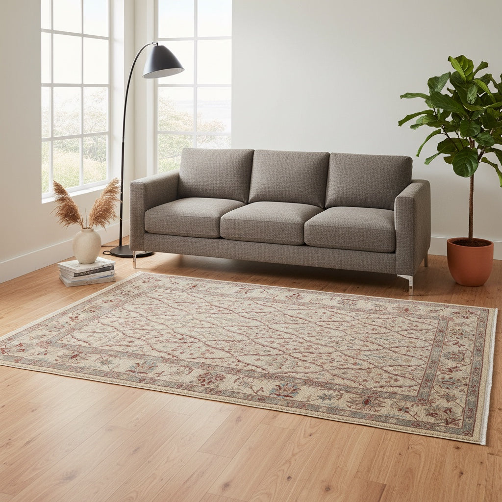 Tappeto Farahan 165x255 cm, annodato a mano in Persia. Fondo beige con motivi floreali in rosso e verde, lana pregiata e cotone resistente. Certificato di autenticità incluso.