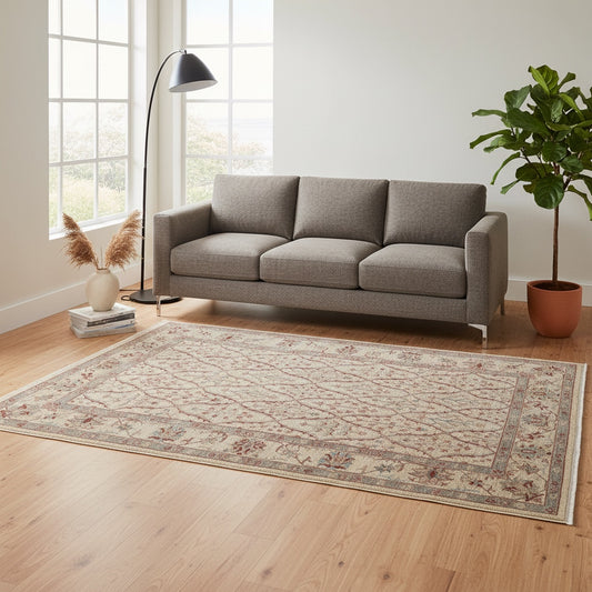 Tappeto Farahan 165x255 cm, annodato a mano in Persia. Fondo beige con motivi floreali in rosso e verde, lana pregiata e cotone resistente. Certificato di autenticità incluso.