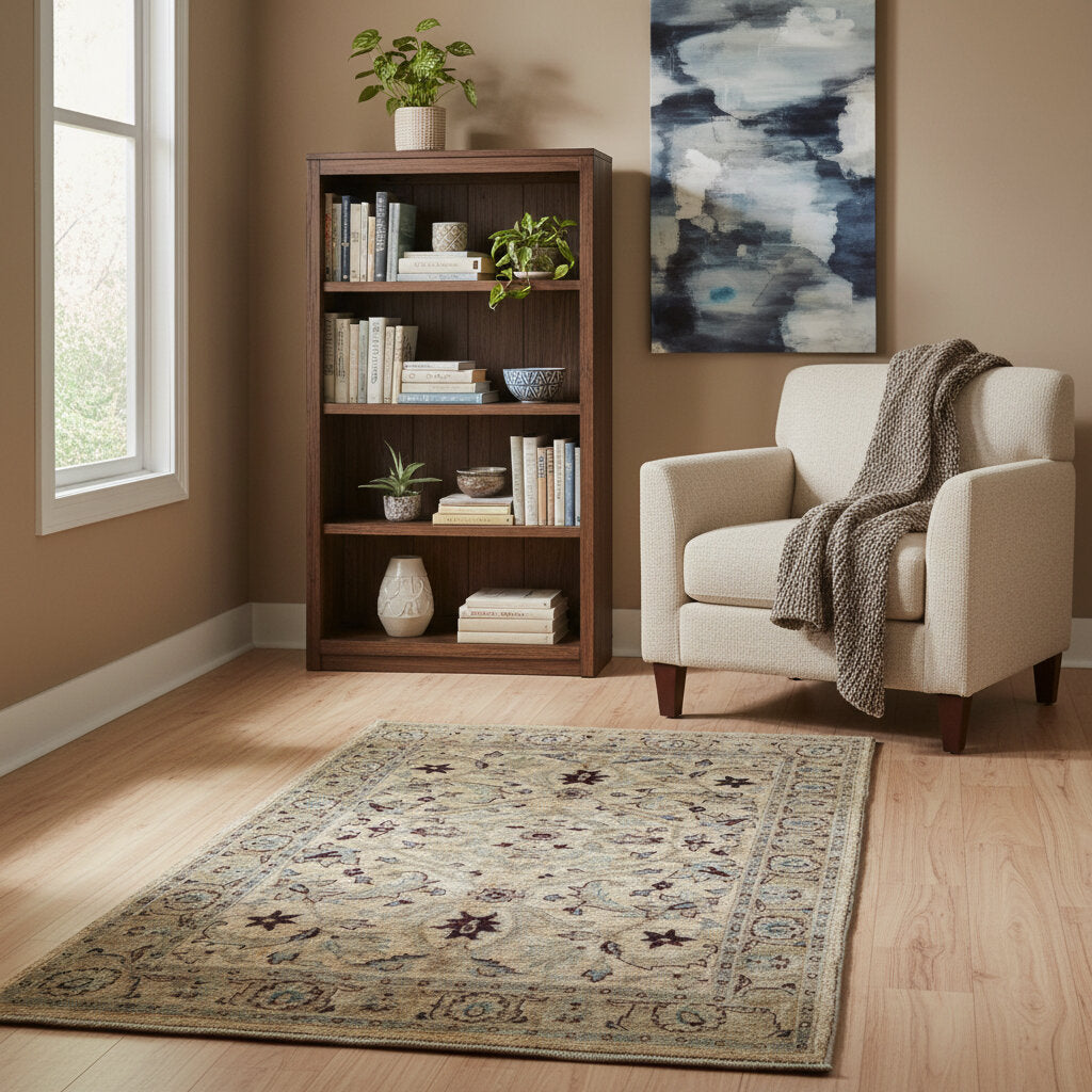 Tappeto Farahan beige annodato a mano in Afghanistan, in lana e cotone con colori vegetali naturali e motivo floreale delicato.