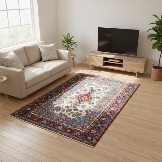 Tappeto Kashan, annodato a mano, 227 x 140 cm, fondo beige con cornice rossa e disegno decorativo.