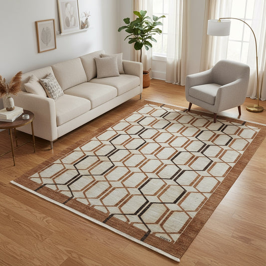 Tappeto moderno 227x180 cm beige con linee marroni per camera raffinata.