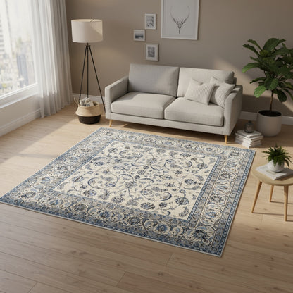 Tappeto Nain Nove Fili, annodato a mano, blu e avorio, con bordura floreale. Trama in cotone resistente, vello in lana e seta. Certificato di autenticità incluso.