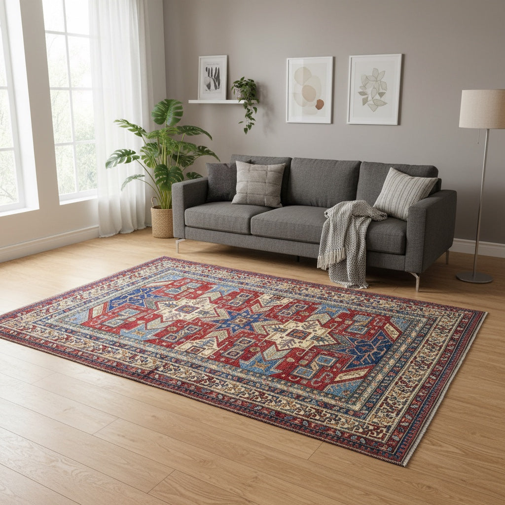 Tappeto Kazak afgano 247x215 cm con fondo rosso e disegno geometrico, annodato a mano in lana e cotone.