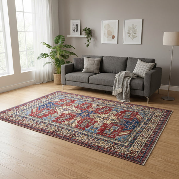 Tappeto Kazak afgano 247x215 cm con fondo rosso e disegno geometrico, annodato a mano in lana e cotone.